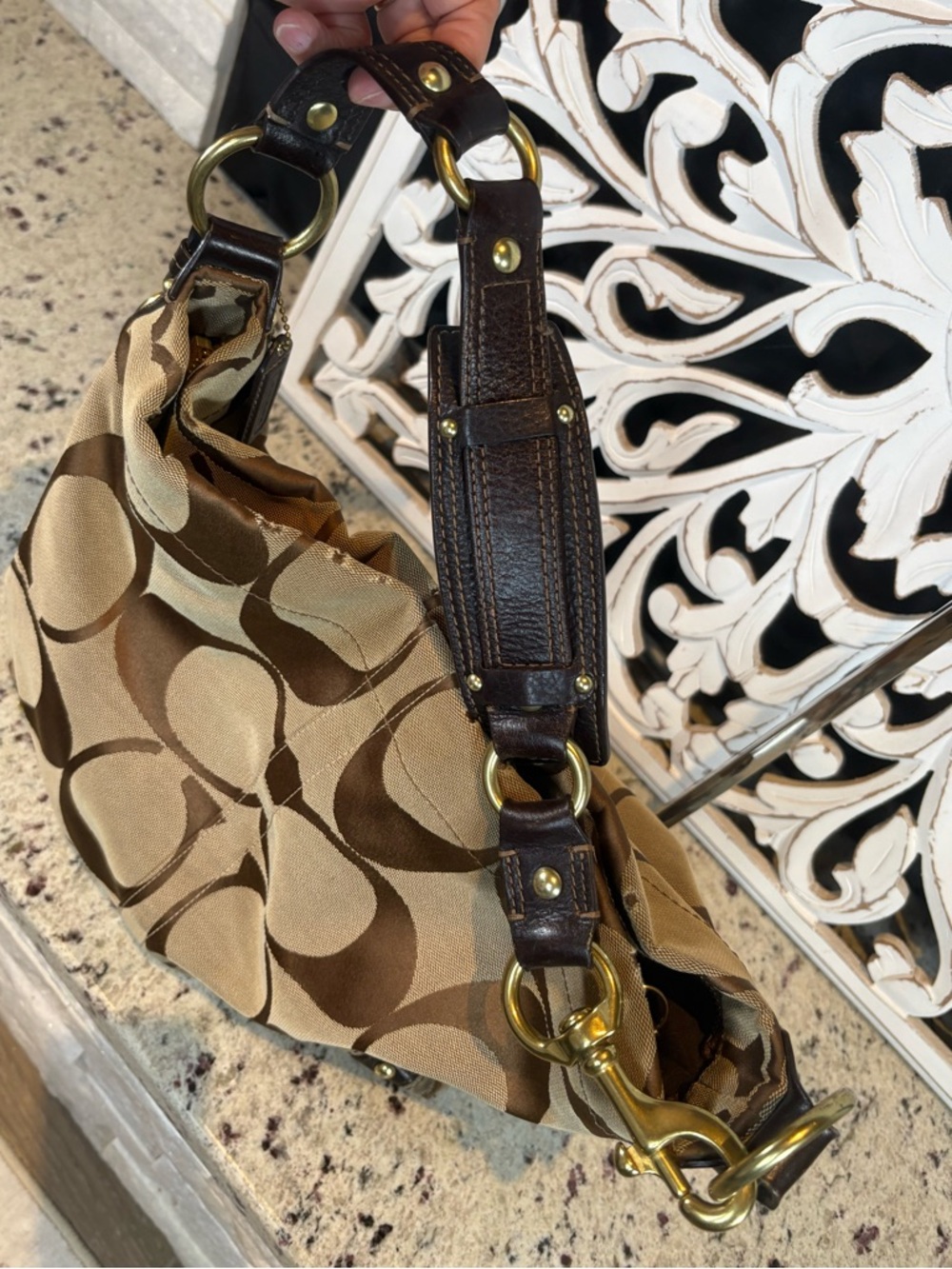 Coach Large Carly Signature Canvas Shoulder Bag in Brown and Tan #10620 - Picture 8 of 13